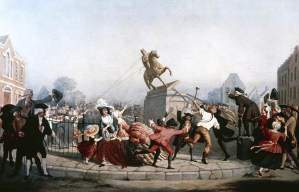 July 9, 1776: Angry New Yorkers tore down a statue of King George and rendered it into bullets to be used in the  Revolutionary War. Painting by William Walcutt, 1854.