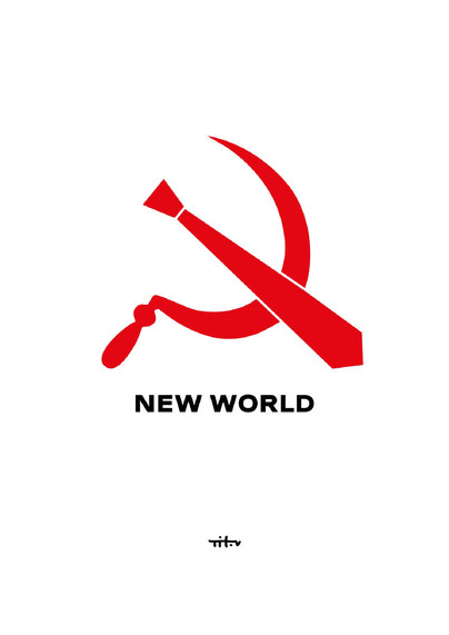 A red sickle is crossed, not with a hammer, but with a trumpish tie.