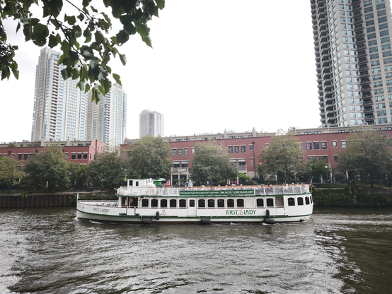 An excursion boat on the Chicago River. 