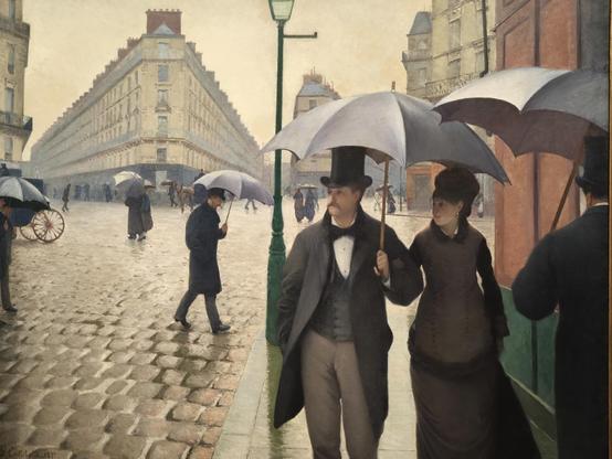 Paris Street; rainy day. Once of my favorite paintings for its composition. Feels like street photography. 