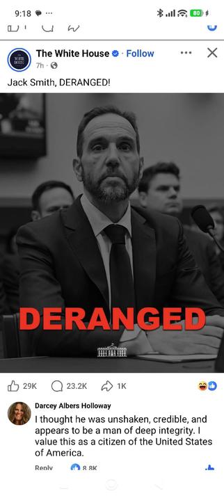 White House post on Facebook calls Jack Smith "DERANGED"