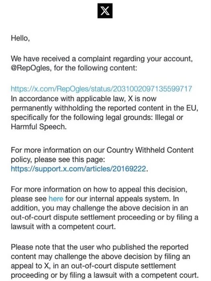 Screenshot from X note to @repogles stating his hate speech has been removed.